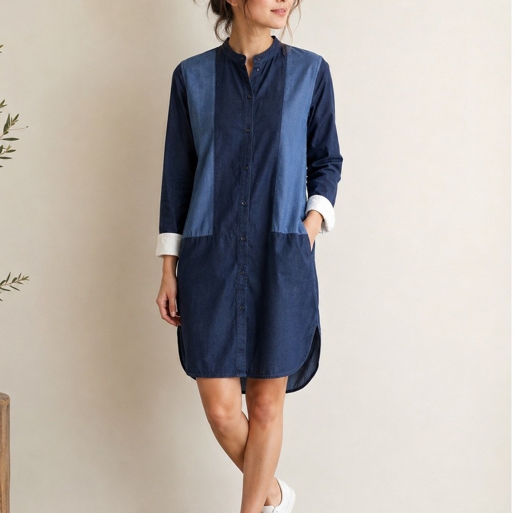 Gap Designed & Crafted Colorblock Chambray Shirt Dress Petite M 100% Cotton